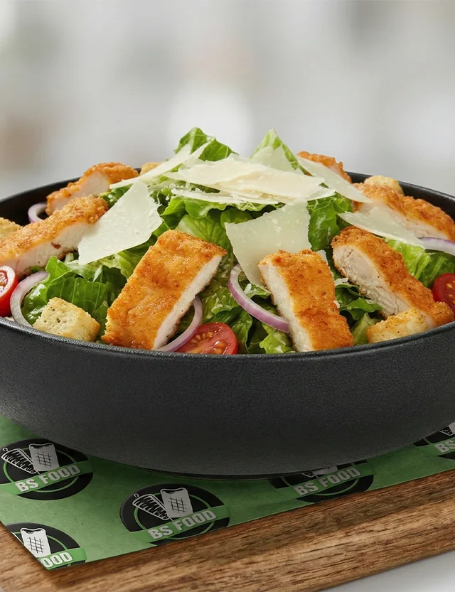 Salade César au poulet pané, parmesan, tomates cerises et croûtons dans un bol noir